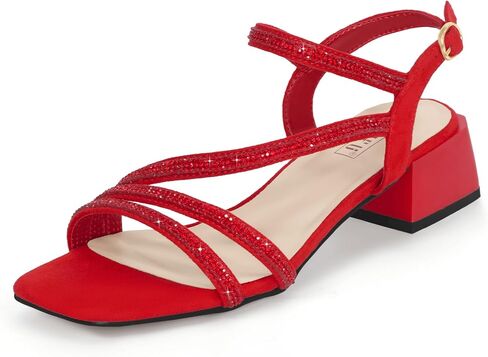 IDIFU IN2 Rhinestone Strappy Heels for Women Low Block Chunky Heels Square Open Toe Slingback Heeled Sandals Prom Wedding Bridal Dress Shoes Comfortable Sparkly Dressy Cute Trendy Short Thick Heels in Saudi Arabia