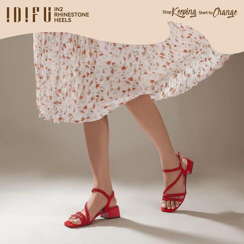 IDIFU IN2 Rhinestone Strappy Heels for Women Low Block Chunky Heels Square Open Toe Slingback Heeled Sandals Prom Wedding Bridal Dress Shoes Comfortable Sparkly Dressy Cute Trendy Short Thick Heels in Saudi Arabia