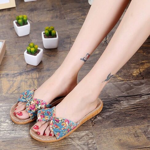 Women Flat Slippers Open Toe Floral Sandals Girl French Casual Slipper Bowknot Beach Shower Shoes Summer Non-Slip Slides in Saudi Arabia