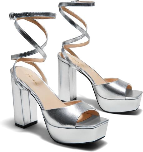 Arromic Women's Platform Strappy Heels High Chunky Sandals 4.5 Inches Square Open Toe Heeled Sandals Black Blue Red Ankle Strap Sexy Pumps Prom Dress Party Wedding Shoes in Saudi Arabia