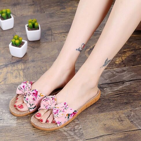 Women Flat Slippers Open Toe Floral Sandals Girl French Casual Slipper Bowknot Beach Shower Shoes Summer Non-Slip Slides in Saudi Arabia