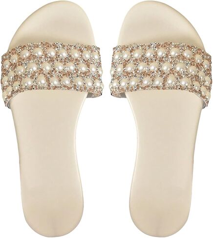 Verdusa Women's Rhinestone Pearls Slide Sandals Summer Flats Sandals in Saudi Arabia