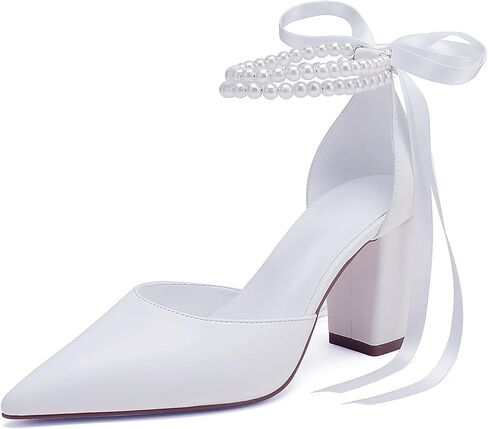 Closed Toe Pearl Heels Satin Wedding Shoes for Bride High Heels with Bow Chunky Block Heels for Women Prom Evening Party Dress Shoes Pumps in Saudi Arabia