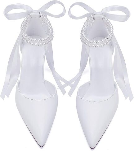 Closed Toe Pearl Heels Satin Wedding Shoes for Bride High Heels with Bow Chunky Block Heels for Women Prom Evening Party Dress Shoes Pumps in Saudi Arabia