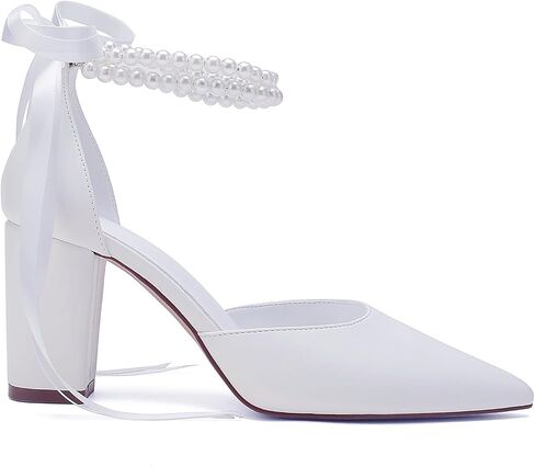 Closed Toe Pearl Heels Satin Wedding Shoes for Bride High Heels with Bow Chunky Block Heels for Women Prom Evening Party Dress Shoes Pumps in Saudi Arabia