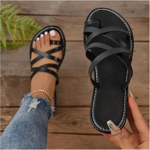 GORGLITTER Women's Cross Strappy Flats Sandal Cute Toe Ring Slip on Slide Sandals in Saudi Arabia