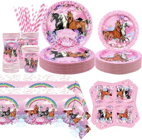 Pink Horse Party Decorations, Cartoon Horse Theme Party Supplies Includes Plates, Cups, Tissues, Tablecloths, Straws, Horse Theme Birthday Party Decorations for Girls (20) in Saudi Arabia