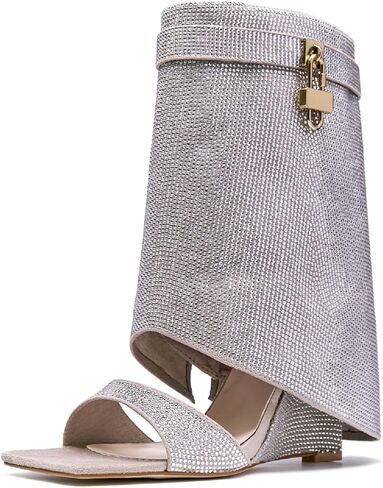 المرأة أحجار الراين أضعاف فوق القرش قفل الأحذية إسفين ساحة مفتوحة اصبع القدم الجانب سستة بريق منتصف العجل حذاء من الجلد موضة الجوارب الصيف سباركلي in Kuwait