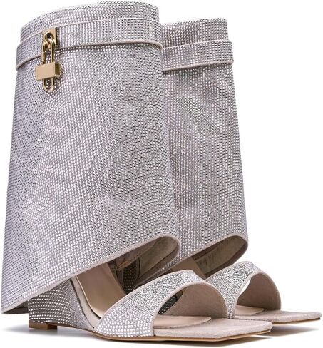 المرأة أحجار الراين أضعاف فوق القرش قفل الأحذية إسفين ساحة مفتوحة اصبع القدم الجانب سستة بريق منتصف العجل حذاء من الجلد موضة الجوارب الصيف سباركلي in Kuwait