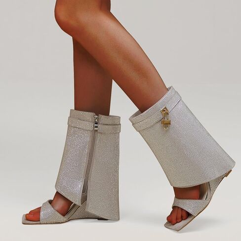 المرأة أحجار الراين أضعاف فوق القرش قفل الأحذية إسفين ساحة مفتوحة اصبع القدم الجانب سستة بريق منتصف العجل حذاء من الجلد موضة الجوارب الصيف سباركلي in Kuwait