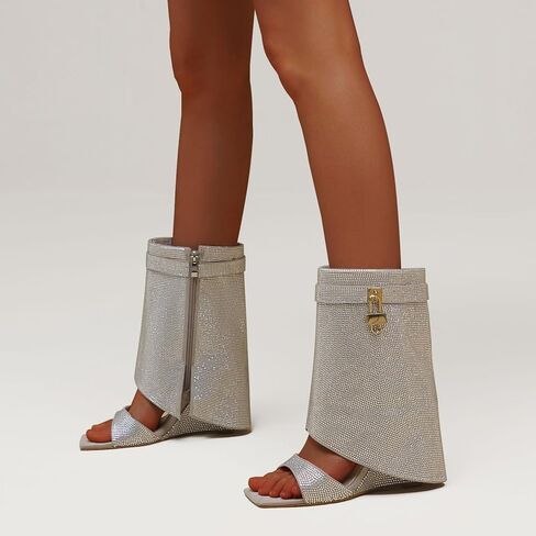 المرأة أحجار الراين أضعاف فوق القرش قفل الأحذية إسفين ساحة مفتوحة اصبع القدم الجانب سستة بريق منتصف العجل حذاء من الجلد موضة الجوارب الصيف سباركلي in Kuwait