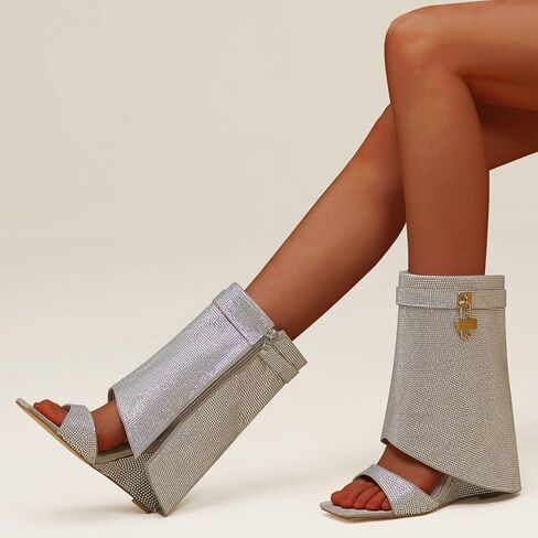 المرأة أحجار الراين أضعاف فوق القرش قفل الأحذية إسفين ساحة مفتوحة اصبع القدم الجانب سستة بريق منتصف العجل حذاء من الجلد موضة الجوارب الصيف سباركلي in Kuwait