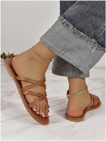 GORGLITTER Women's Cross Strappy Flats Sandal Cute Toe Ring Slip on Slide Sandals in Saudi Arabia