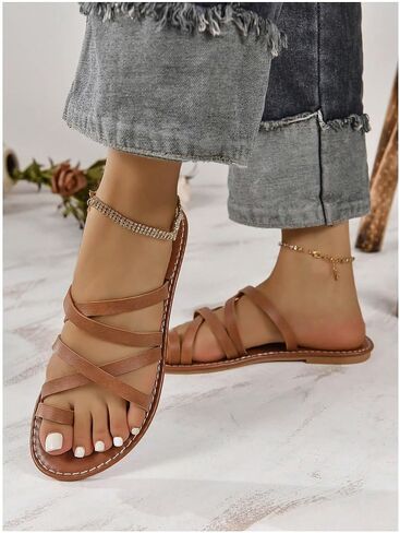 GORGLITTER Women's Cross Strappy Flats Sandal Cute Toe Ring Slip on Slide Sandals in Saudi Arabia