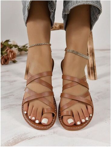 GORGLITTER Women's Cross Strappy Flats Sandal Cute Toe Ring Slip on Slide Sandals in Saudi Arabia