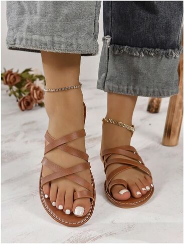GORGLITTER Women's Cross Strappy Flats Sandal Cute Toe Ring Slip on Slide Sandals in Saudi Arabia