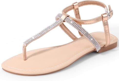 Womens Rhinestone Sandals T-Strap Crystal Flat Dressy Adjustable Ankle Thong Summer Sandals in Saudi Arabia