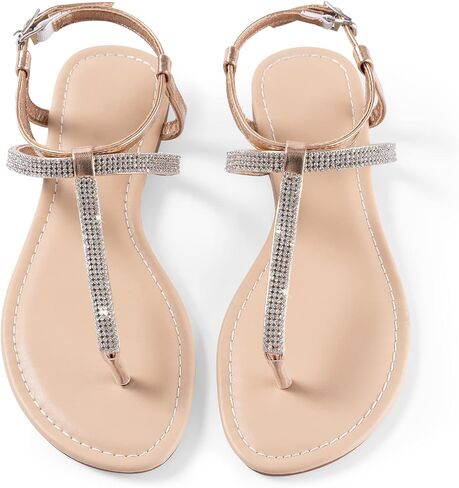Womens Rhinestone Sandals T-Strap Crystal Flat Dressy Adjustable Ankle Thong Summer Sandals in Saudi Arabia