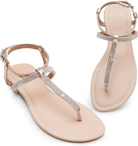 Womens Rhinestone Sandals T-Strap Crystal Flat Dressy Adjustable Ankle Thong Summer Sandals in Saudi Arabia