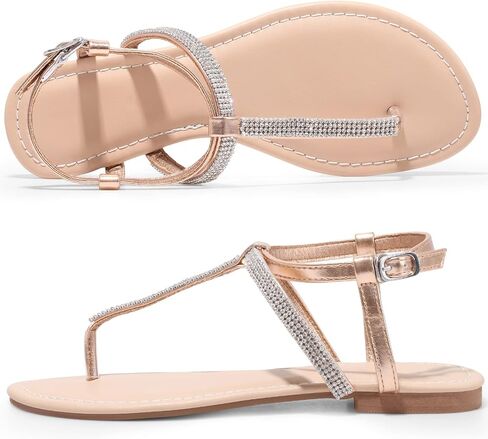 Womens Rhinestone Sandals T-Strap Crystal Flat Dressy Adjustable Ankle Thong Summer Sandals in Saudi Arabia