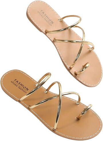 GORGLITTER Women's Metallic Strappy Flat Sandals Strap Toe Ring Dessy Slip On Slide Sandals in Saudi Arabia