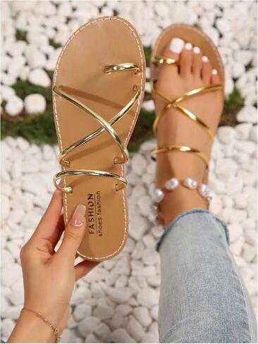 GORGLITTER Women's Metallic Strappy Flat Sandals Strap Toe Ring Dessy Slip On Slide Sandals in Saudi Arabia