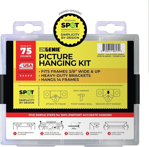 مجموعة تعليق الصور المعدنية الحاصلة على براءة اختراع من PicGenie، معلقة 4 إطارات خشبية يصل وزنها إلى 75 رطلاً، لا حاجة للقياس، شماعات الصور للصور أو اللوحات، تتضمن مراسي وأجهزة جدارية جافة in Kuwait