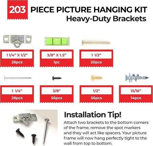 مجموعة تعليق الصور المعدنية الحاصلة على براءة اختراع من PicGenie، معلقة 4 إطارات خشبية يصل وزنها إلى 75 رطلاً، لا حاجة للقياس، شماعات الصور للصور أو اللوحات، تتضمن مراسي وأجهزة جدارية جافة in Kuwait