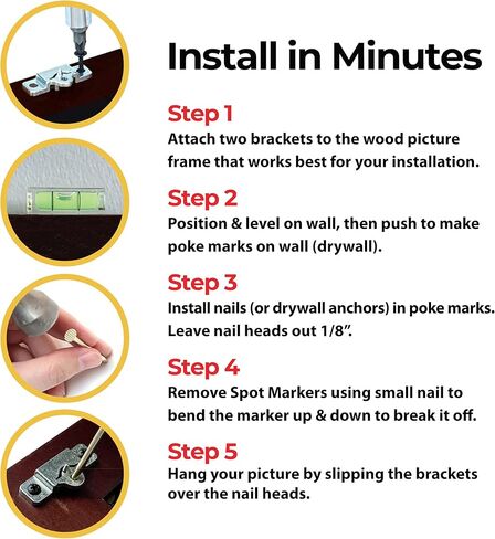 مجموعة تعليق الصور المعدنية الحاصلة على براءة اختراع من PicGenie، معلقة 4 إطارات خشبية يصل وزنها إلى 75 رطلاً، لا حاجة للقياس، شماعات الصور للصور أو اللوحات، تتضمن مراسي وأجهزة جدارية جافة in Kuwait