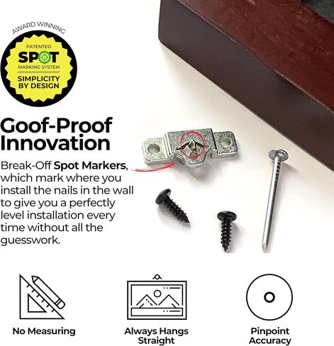 مجموعة تعليق الصور المعدنية الحاصلة على براءة اختراع من PicGenie، معلقة 4 إطارات خشبية يصل وزنها إلى 75 رطلاً، لا حاجة للقياس، شماعات الصور للصور أو اللوحات، تتضمن مراسي وأجهزة جدارية جافة in Kuwait