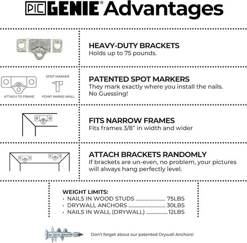 مجموعة تعليق الصور المعدنية الحاصلة على براءة اختراع من PicGenie، معلقة 4 إطارات خشبية يصل وزنها إلى 75 رطلاً، لا حاجة للقياس، شماعات الصور للصور أو اللوحات، تتضمن مراسي وأجهزة جدارية جافة in Kuwait