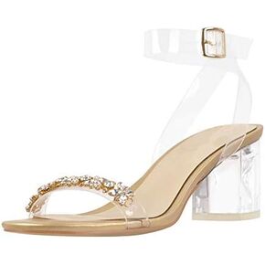 Yolkomo صنادل نسائية بكعب متوسط ​​ذهبي مرصع بأحجار الراين وحزام كاحل شفاف ومرصع بالكريستال ومفتوحة عند الأصابع فستان مثير لؤلؤي سندريلا بكعب أكريليك مقاس 8 in Kuwait
