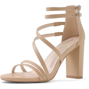 Shoe'N Tale Strappy Heels for Women Block Heeled Sandals Ankle Strap Buckle Dress Shoes