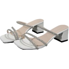 SHENHE Women's Rhinestone Mule Open Toe Chunky Mid Heeled Casual Sandals