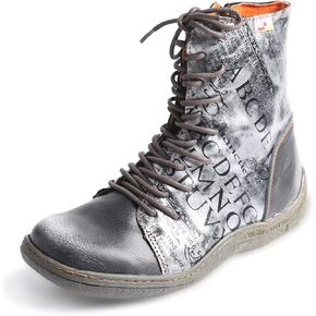 TMA EYES Women's Leather Ankle Boots Lace-Up Patchwork Letter Printing Leather Boots for Women