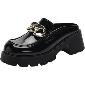 Women's Patent Leather Closed Toe chunky Platform Mules with big chain Wide Round Toe Block Heel Lug sole Slip-On Slingback Casual loafers for Summer Party work