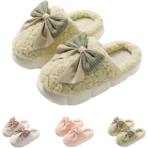 Womens Fuzzy Bow Slippers Winter Elegant Cozy Plush House Shoes with Faux Fur Lining Gift for Women