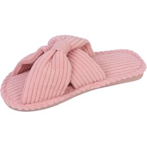 Womens Corduroy Bow House Slippers - Cozy Bedroom Slippers Memory Foam Slide Slippers open toe beige