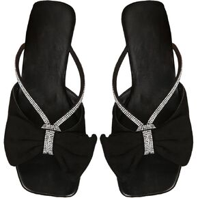 OYOANGLE Women's Rhinestone Bow Open Toe Corduroy Flat Sandals Summer Casual Slide Sandals