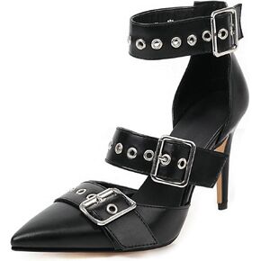 Women Kitten Heel Pumps Buckle Dress Shoes Pointed Toe with Ankle Strap