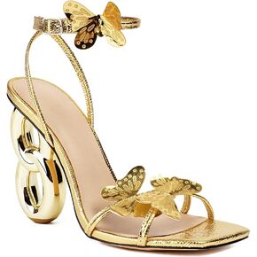 Gold Butterfly Strappy Sandals for Women Dressy Square Open Toe Ankle Strap Lace-up Heeled Heels for Wedding Bride Party Daily