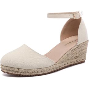 Mintzice Women's Closed Toe Solid Cross Vamp Ankle Strap Espadrille Wedge Sandals