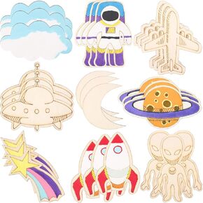 Jetec 27 Pieces Outer Space Crafts Unfinished Wooden Cutouts Space Themed Party Favor Rocket Planet Astronaut Alien DIY Wood Painting Art Project for Classroom Home Halloween Christmas Decoration