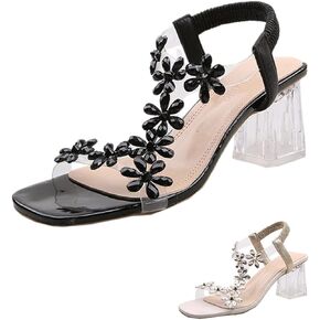 Women Rhinestone Flower Clear Block Heel Sandals,Fashion Elastic Ankle Strap Chunky High Heel Open Toe Sexy Elegant Dress Shoes Square Toe Heels Party Wedding Sandals