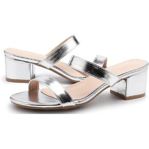 kkdom Round Toe Chunky Heels Sandals-Clear Nude Black Short Heels Two Strap Leather Mule Sandals Slip On Block Heels for Party Dating Daily Work
