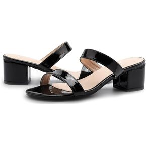 kkdom Round Toe Chunky Heels Sandals-Clear Nude Black Short Heels Two Strap Leather Mule Sandals Slip On Block Heels for Party Dating Daily Work