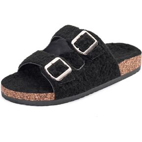 Putu Women's Open Toe Slippers Fuzzy Cork Slide Sandals Fluffy Slides with Arch Support