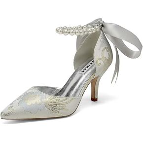 Women Floral Satin Pearl Wedding Shoes for Bride Closed Toe Bridal Heels