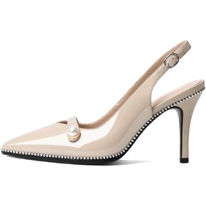 Slingback Heels Women's Pointed Toe Stiletto High Heel Pumps Heeled Sandals Pearl Beaded Party Dress Shoes 3.5 Inch