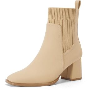 Coutgo Women's Slip On Ankle Boots Chunky Block Heel Square Toe Splicing Dress Sock Booties